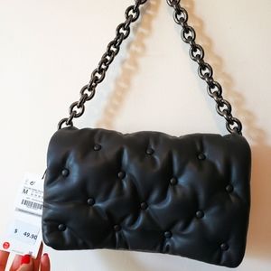 Zara Plush Quilted Black Shoulder Bag